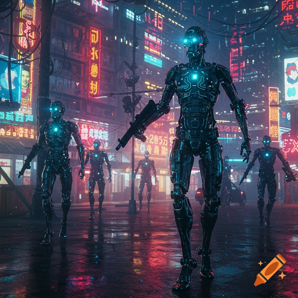 Several robots stand on a wet street in a neon-lit cyberpunk city.