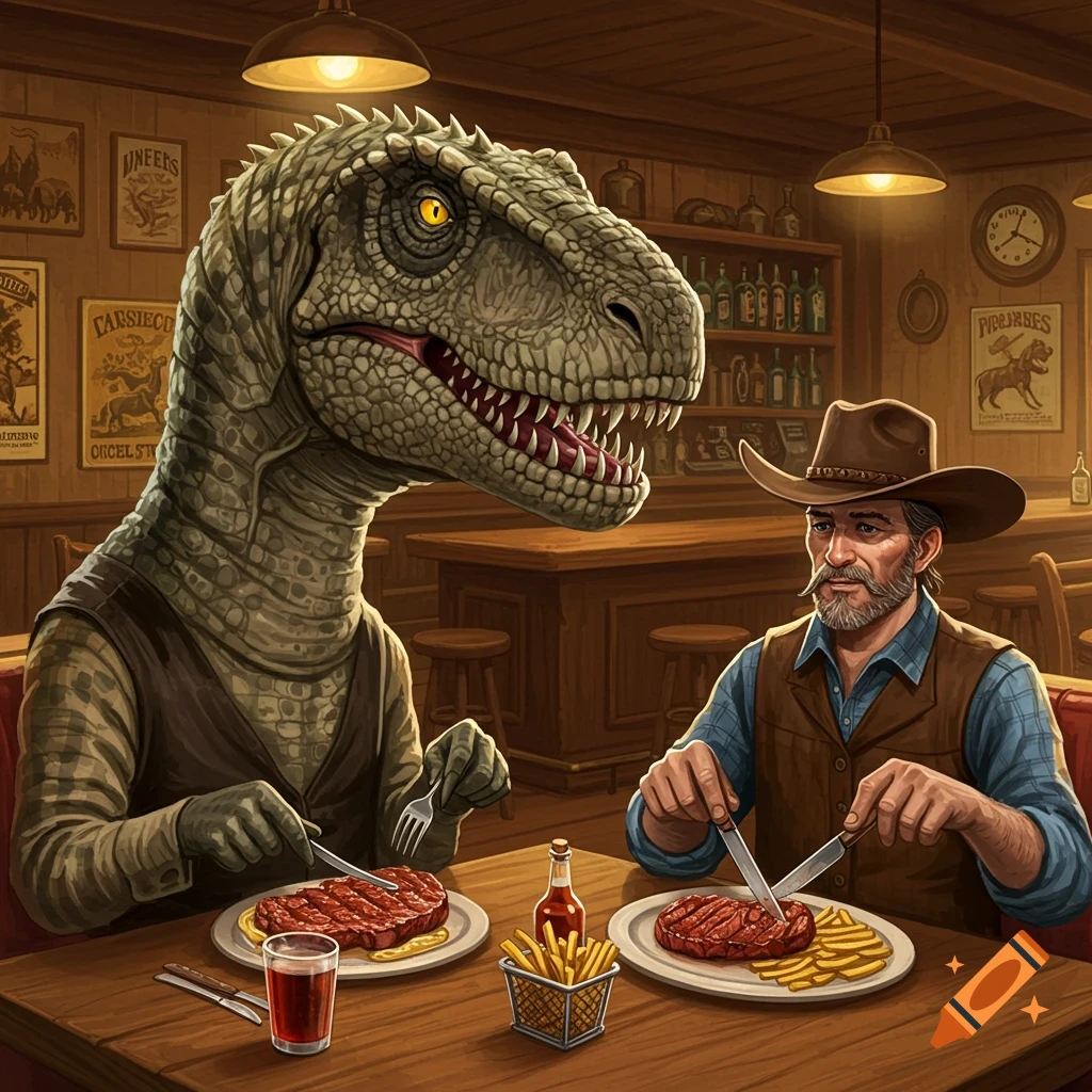 A large dinosaur and a cowboy sit at a table eating steak in a western restaurant.