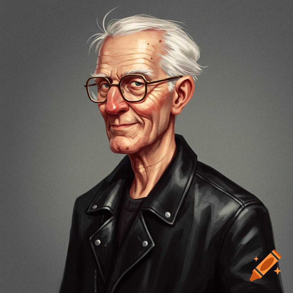 Portrait of an old man with white hair, glasses, and a black leather jacket smiling.