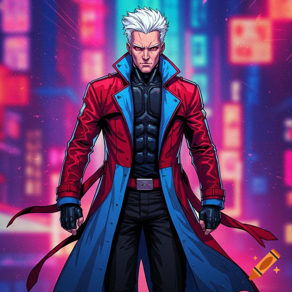 A white-haired man in a red and blue trench coat stands against a neon city background.