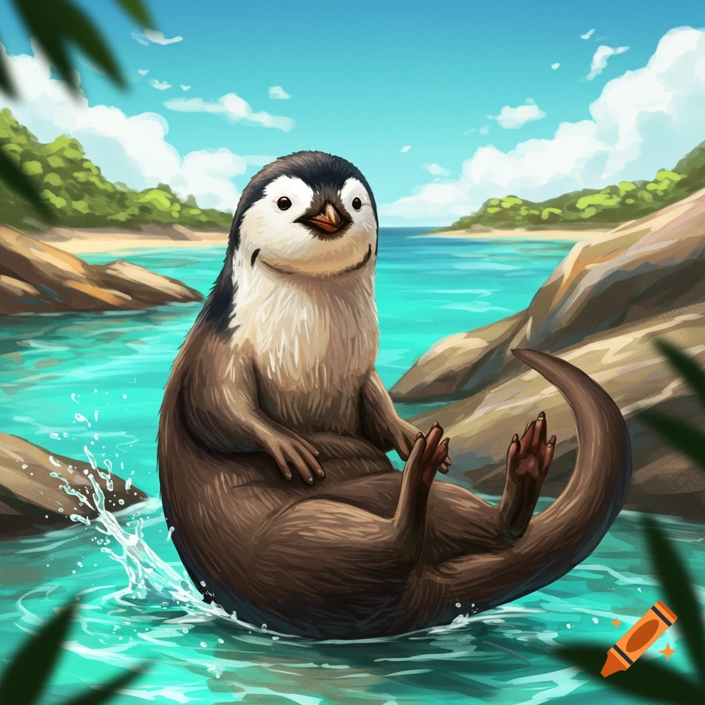 A penguin-otter hybrid splashing in tropical water near a beach.
