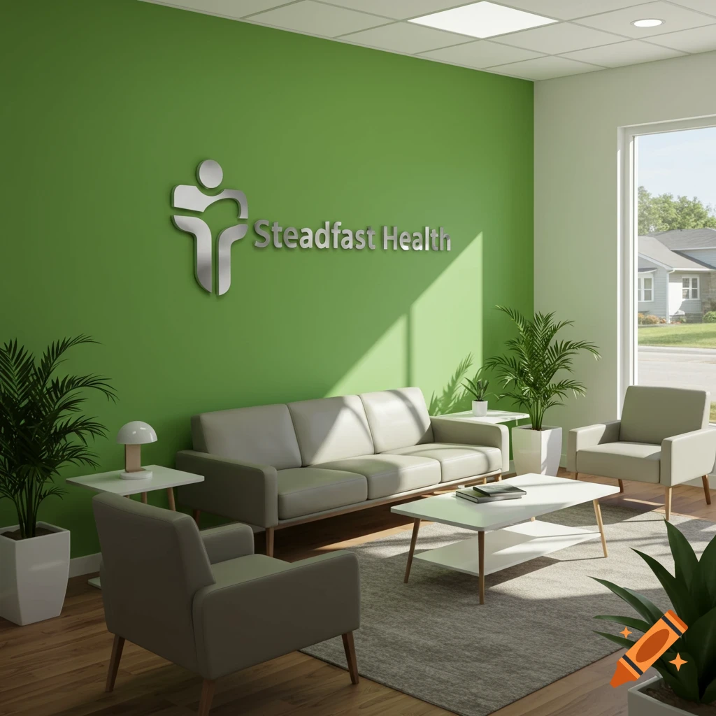 Office waiting room with green wall, logo, sofa, chairs, and plants.
