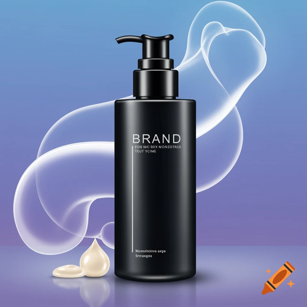 A matte black pump bottle of skincare product with drops, against a blue and purple gradient background with abstract shapes.