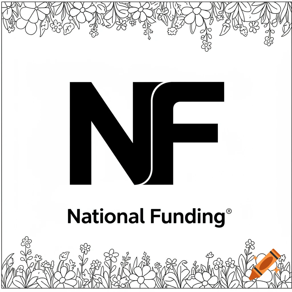 A black and white coloring page featuring the stylized 'NF' National Funding logo centered, with a border of flowers.