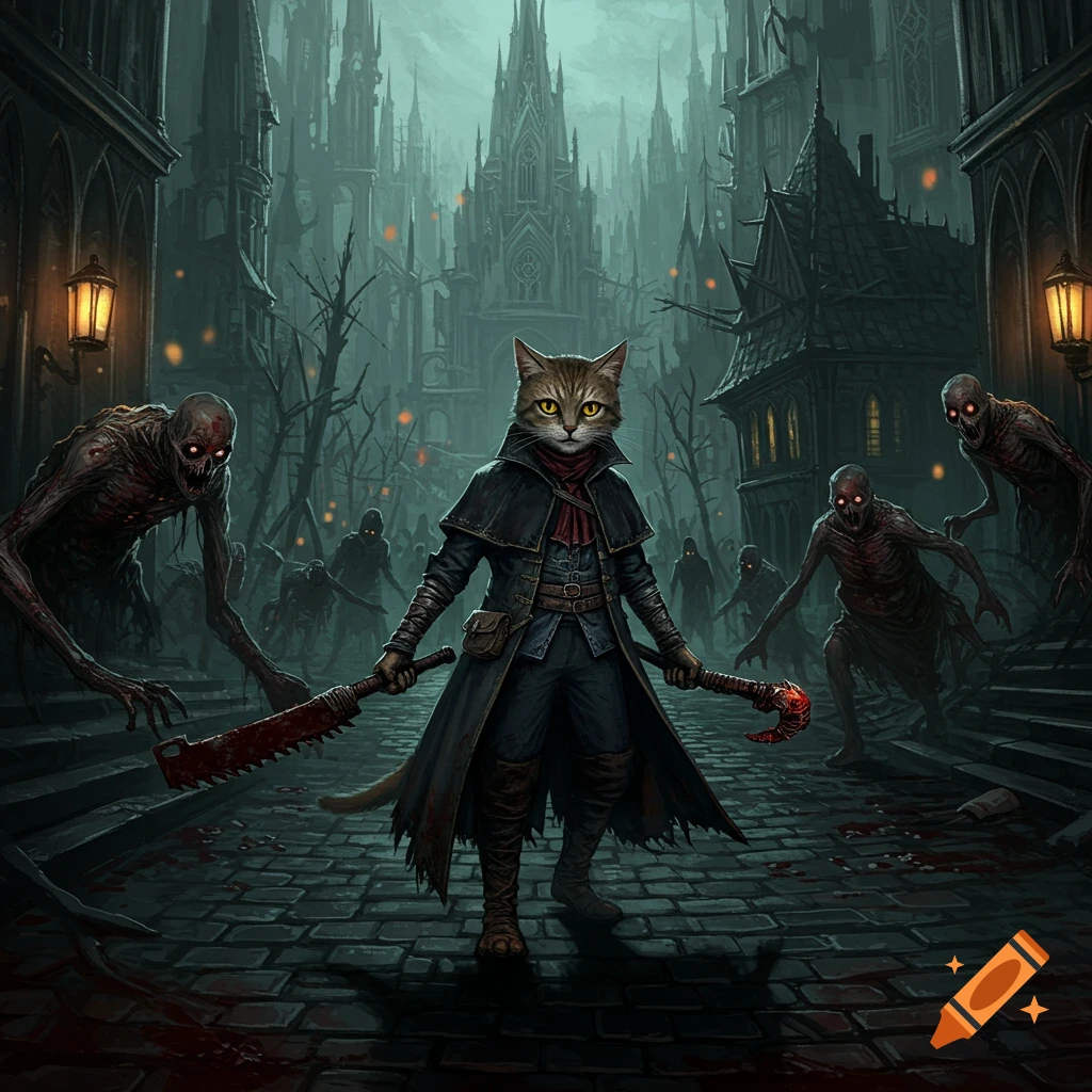 Anthropomorphic cat hunter with weapons stands among zombies in a dark, Gothic city.