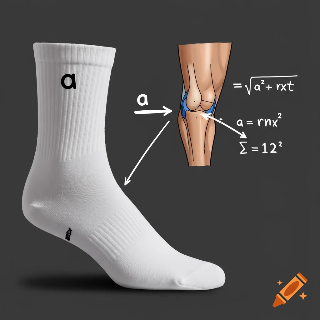 A digital illustration showing a white sock with the letter 'a' next to a diagram of a human knee with an arrow pointing to it. Mathematical equations are displayed next to the knee diagram.
