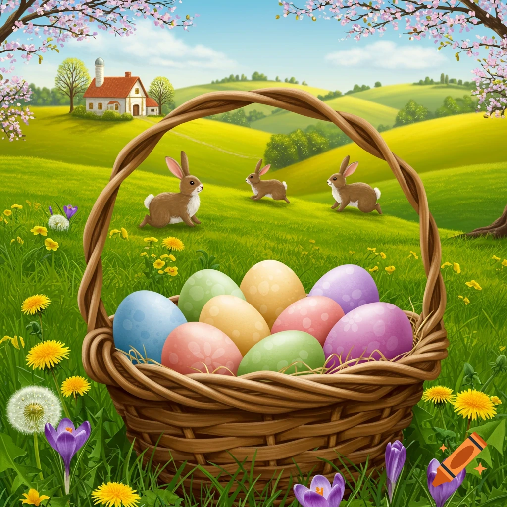 A basket of colorful Easter eggs in a spring landscape with bunnies and a house in the background.