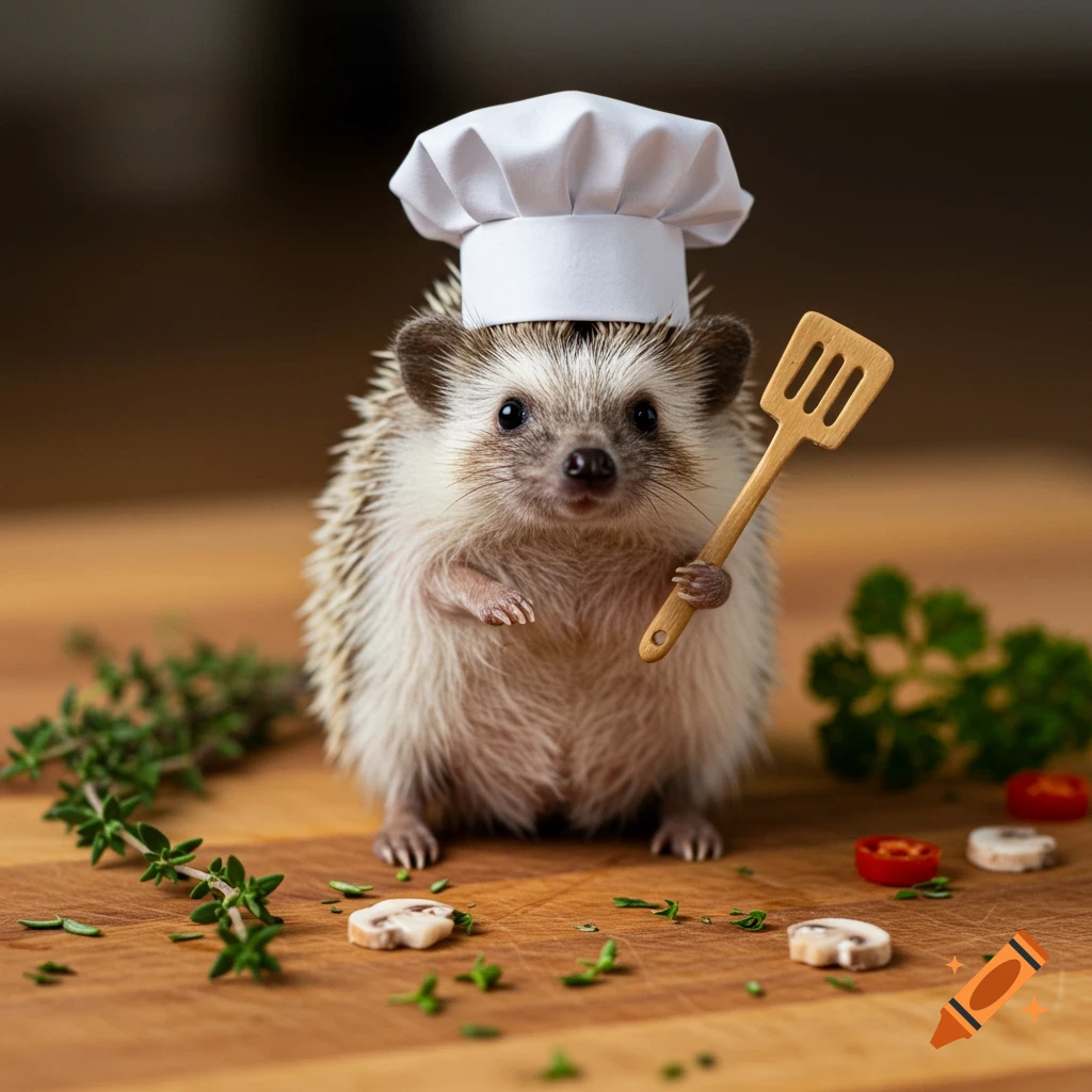 A hedgehog wearing a chef hat stands on a wooden cutting board holding a small spatula. Herbs and sliced vegetables are scattered around.
