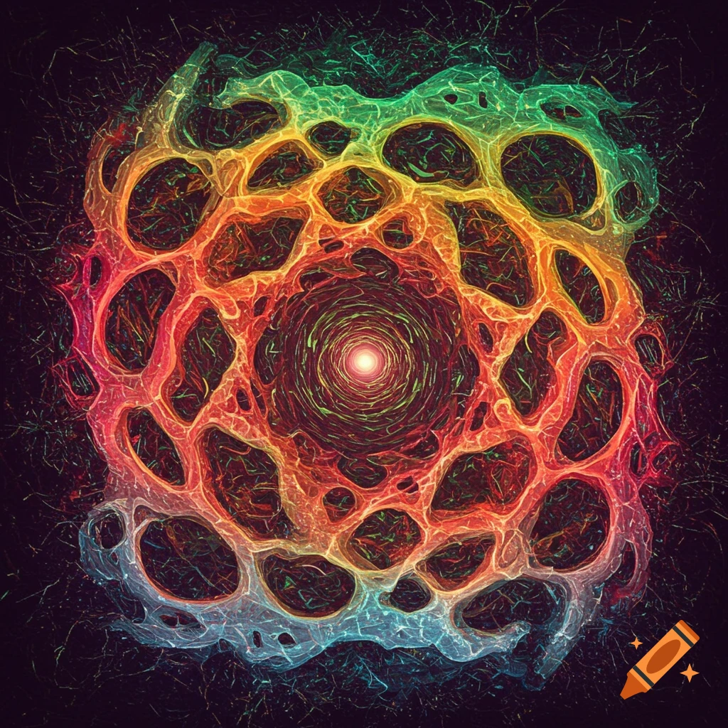 An abstract colorful fractal design with organic shapes and a central light source.