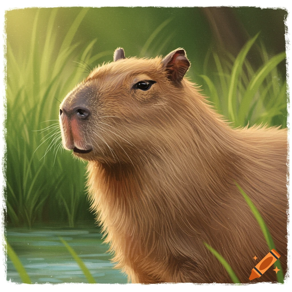 a capybara by water in tall grass