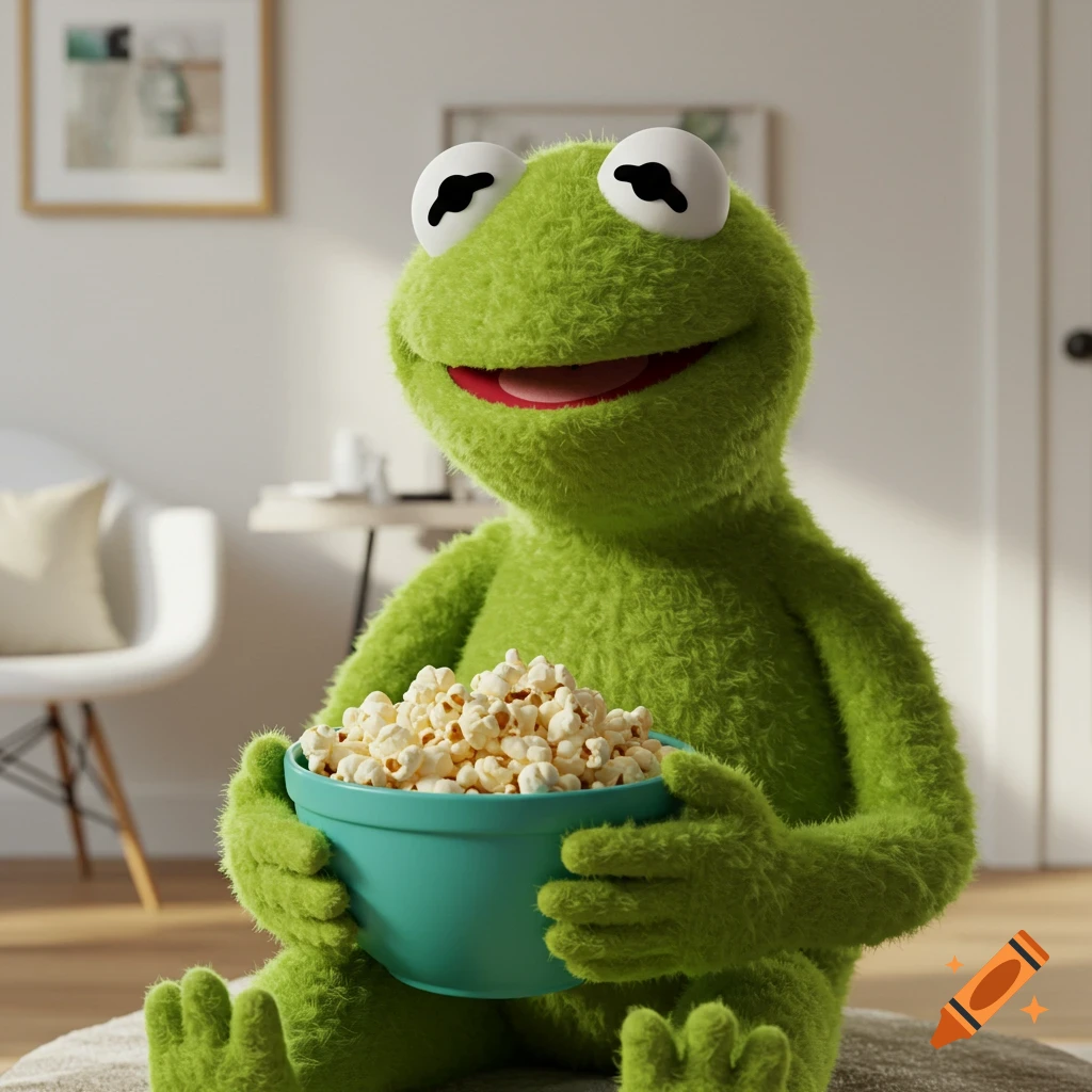 A green fuzzy puppet character sits holding a turquoise bowl of popcorn in a cozy room.