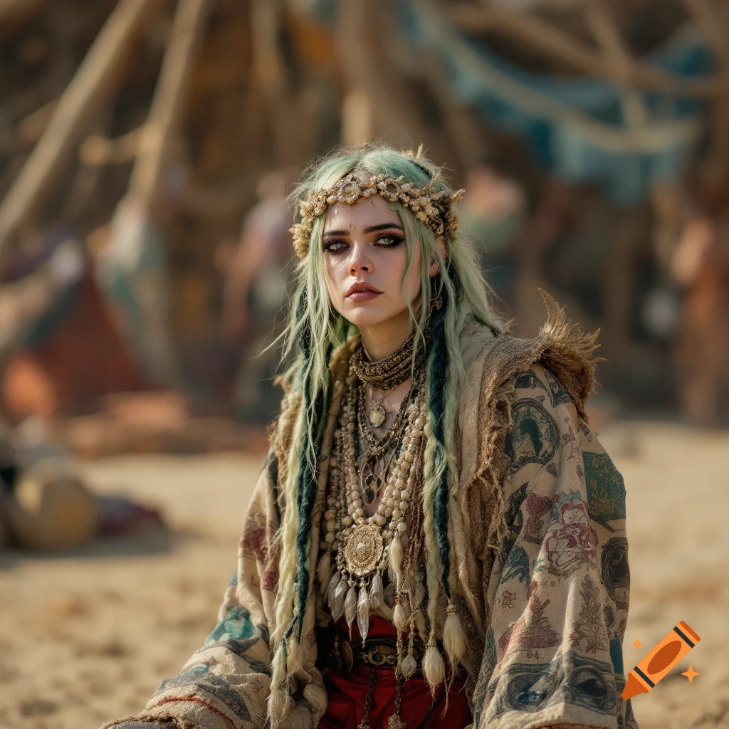 A woman with green hair, wearing a golden crown and layered jewelry, dressed as a shaman in a desert setting.