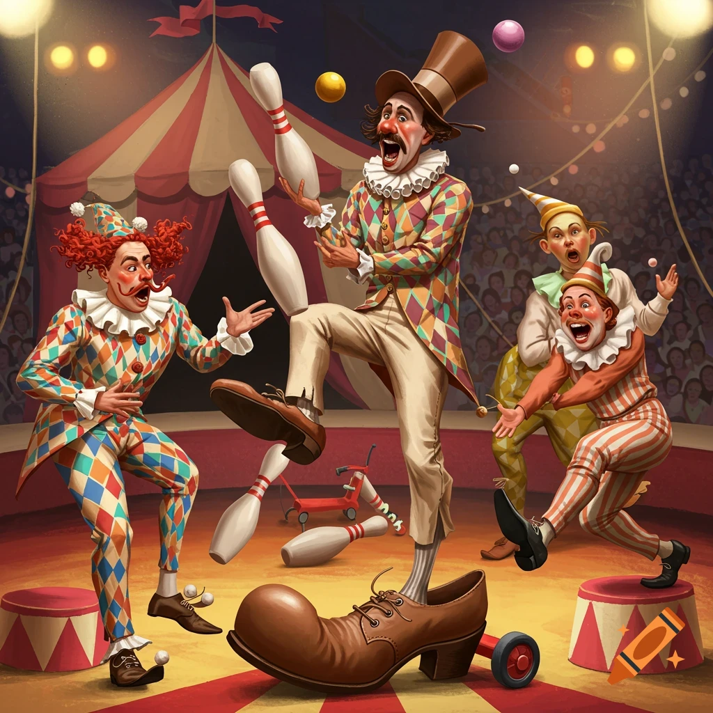Clowns juggling in a circus.