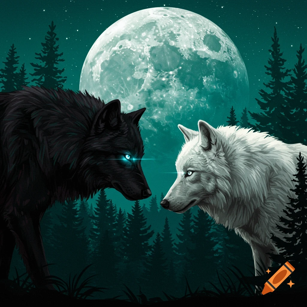 A black wolf and a white wolf facing each other under a large moon in a forest.