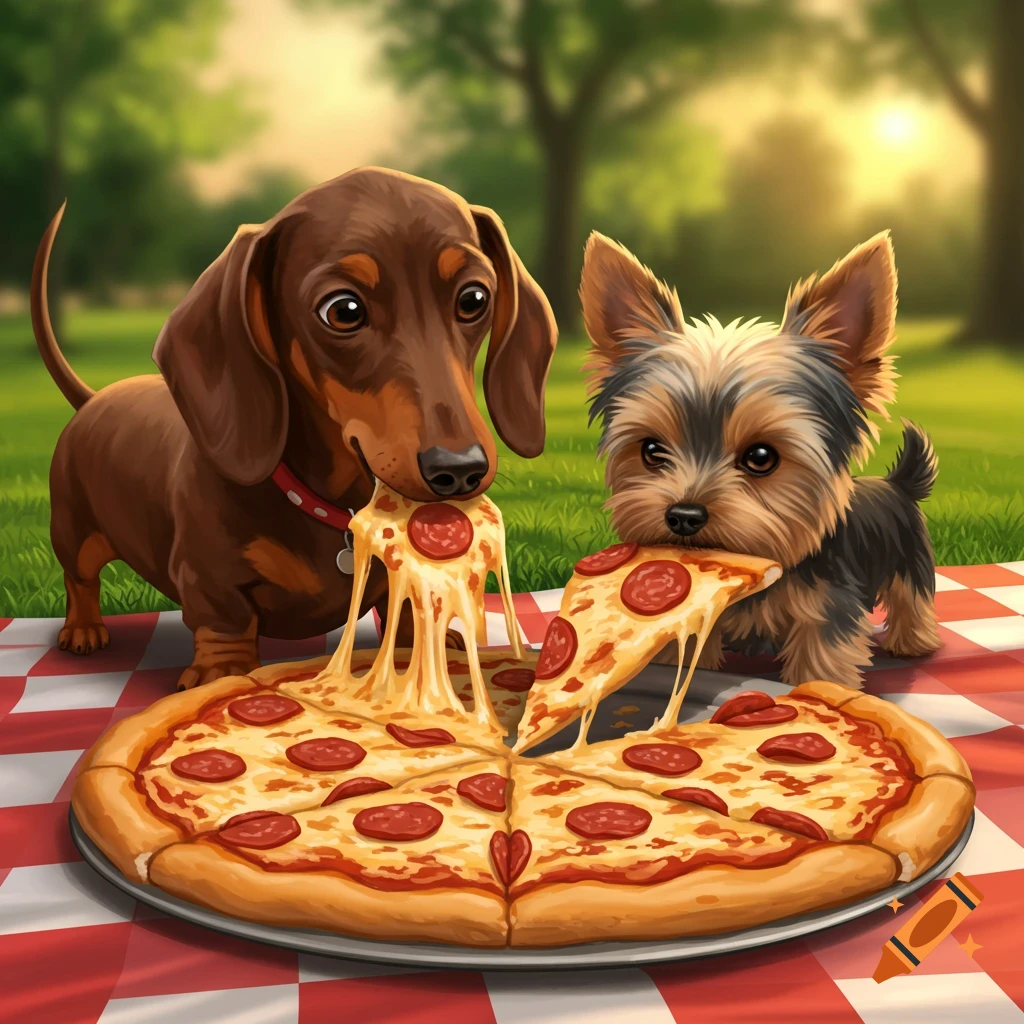 Two dogs, a dachshund and a yorkie, eating pizza on a picnic blanket in a park.