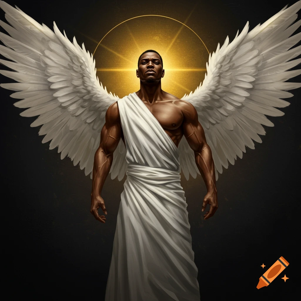 A strong male angel with white wings, flowing white robe, and golden halo.
