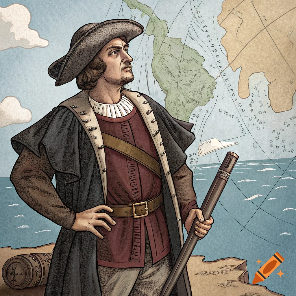 Illustration of Christopher Columbus standing by the sea with a map and telescope