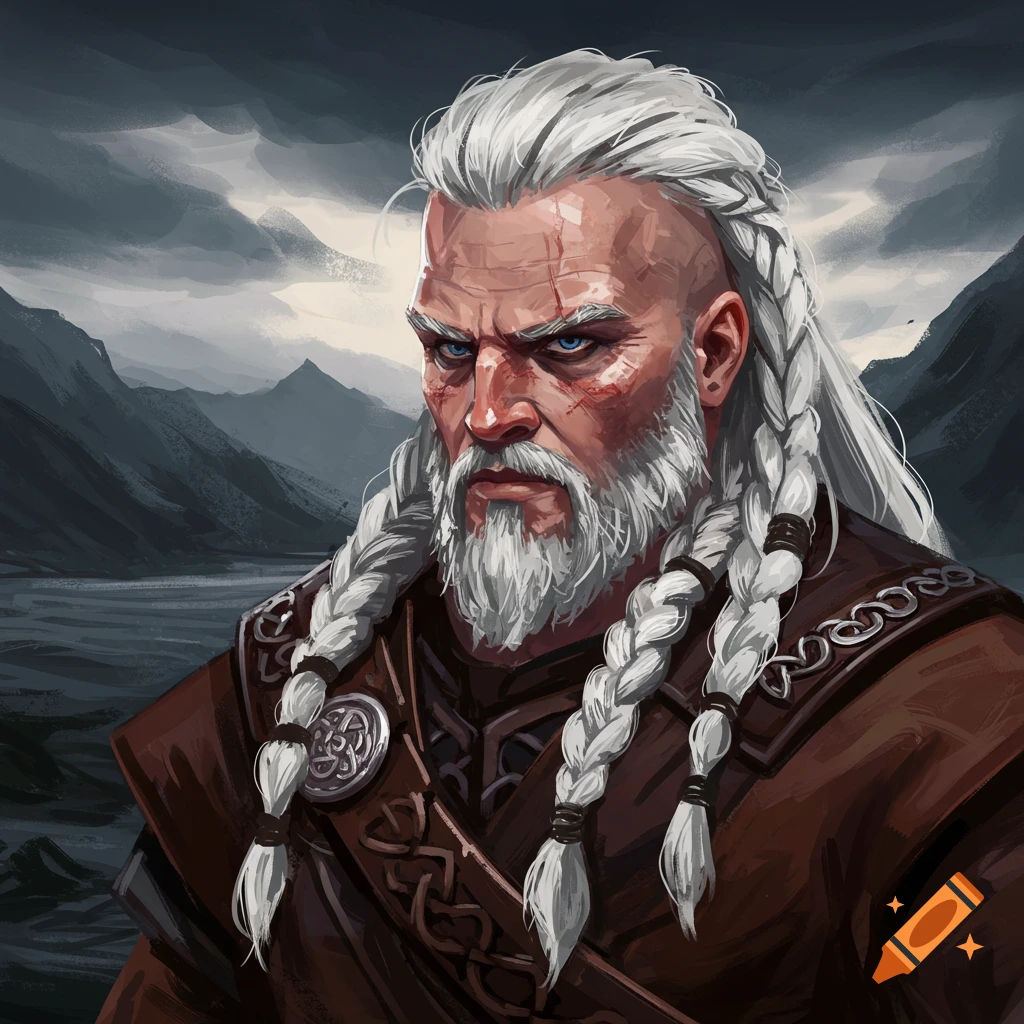 An older man with white braided hair and beard is shown against a landscape.