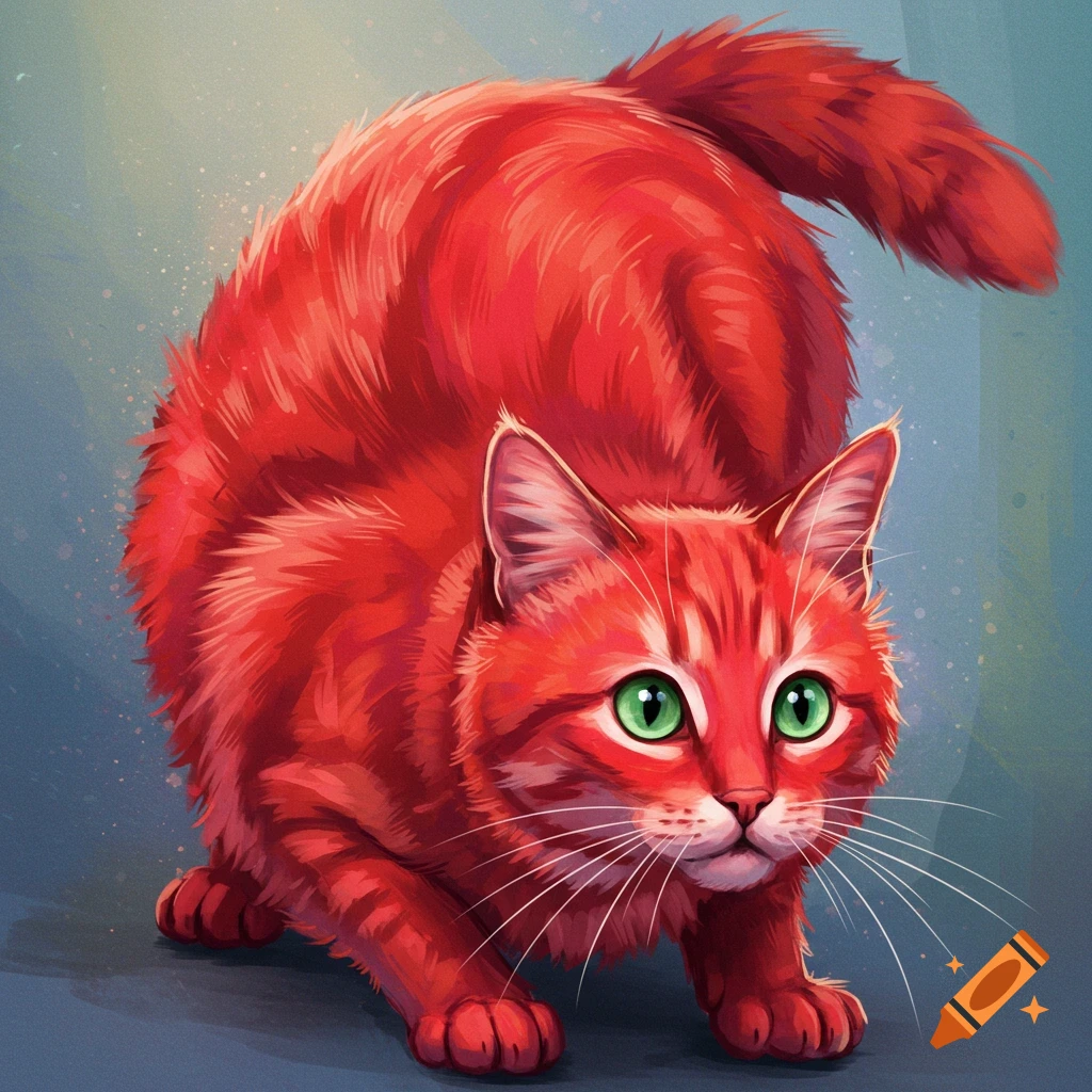 A crouching red cat with green eyes.