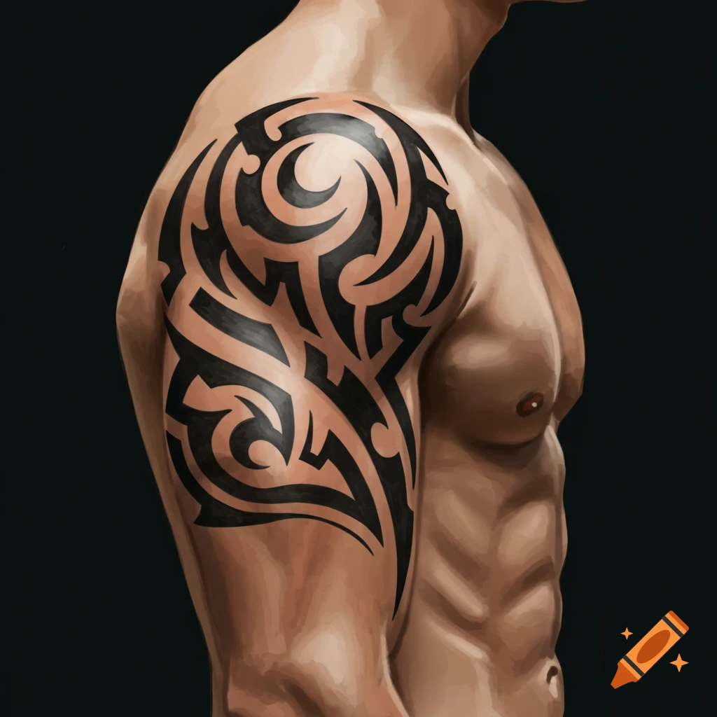 Muscular arm and chest with a black tribal tattoo