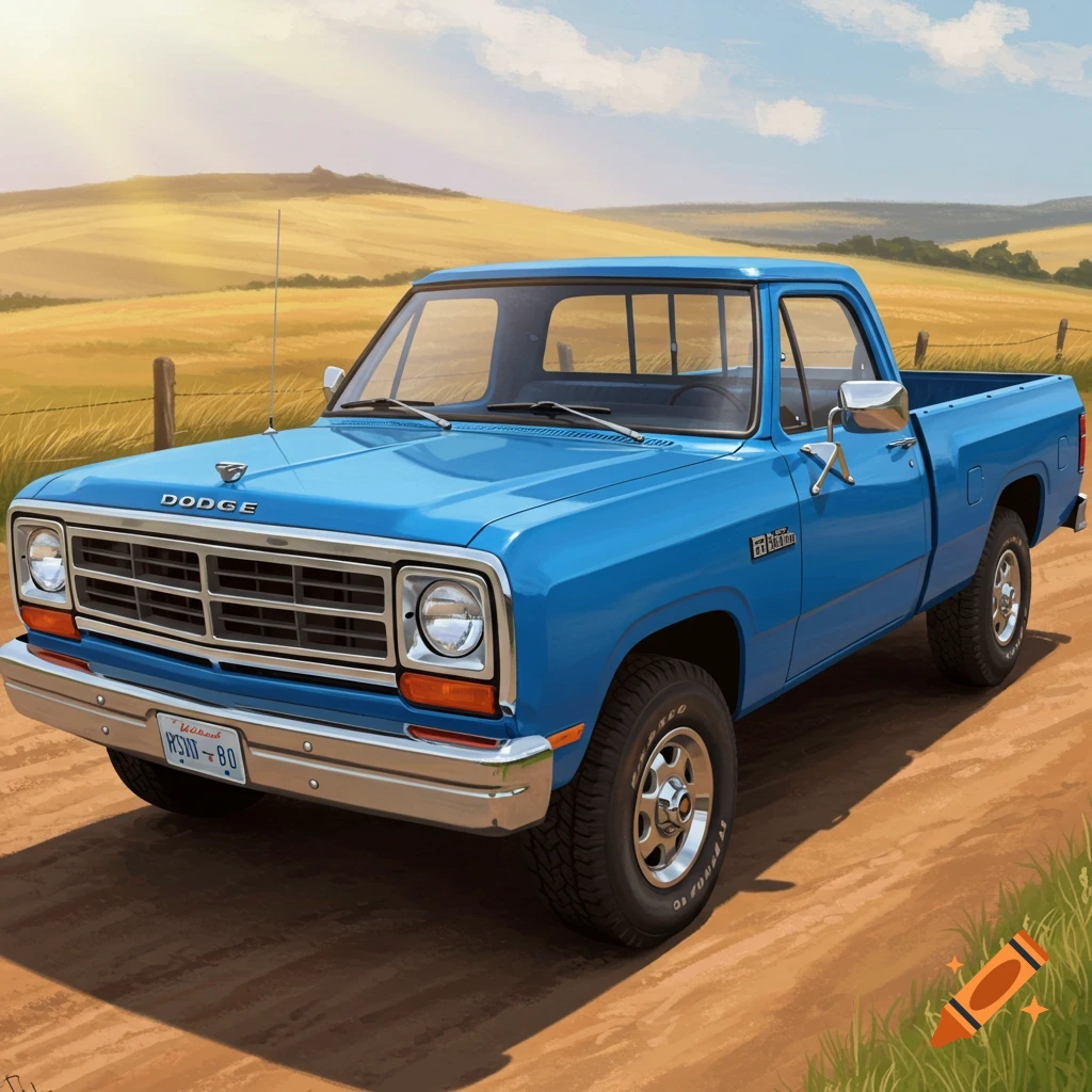 A blue 1987 Dodge Ram pickup truck on a dirt road in a rural landscape.