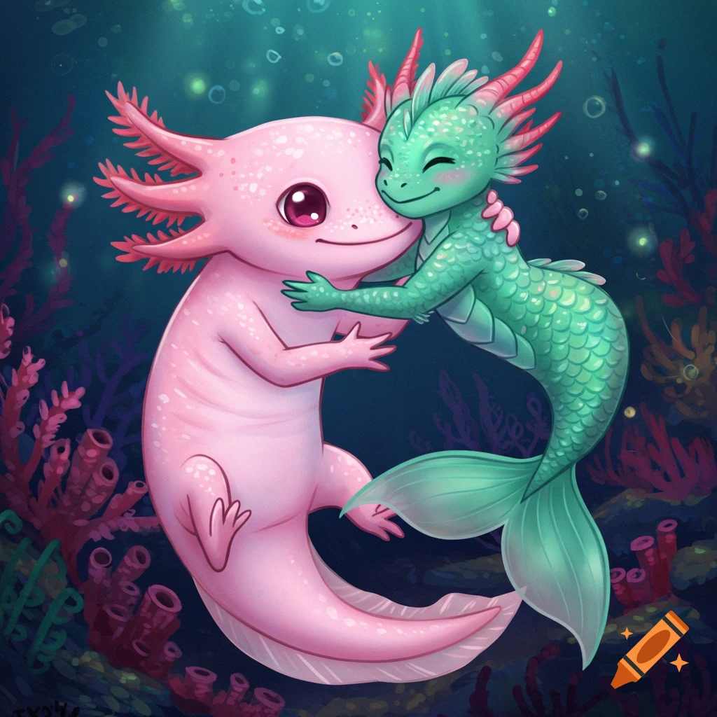 A pink axolotl hugs a green dragon-like mermaid underwater.