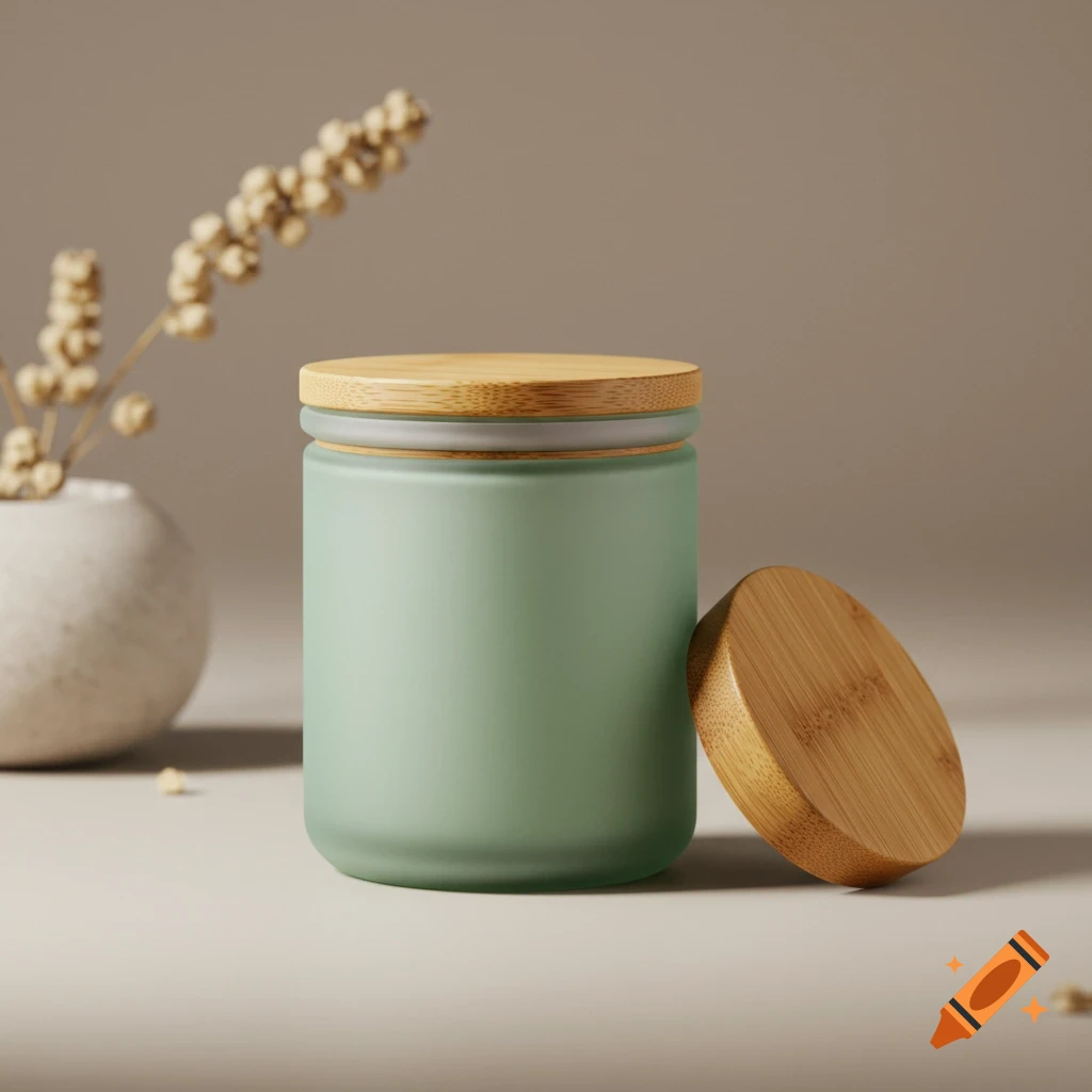 Frosted green glass jar with bamboo lid and loose lid on a table in product photo style.