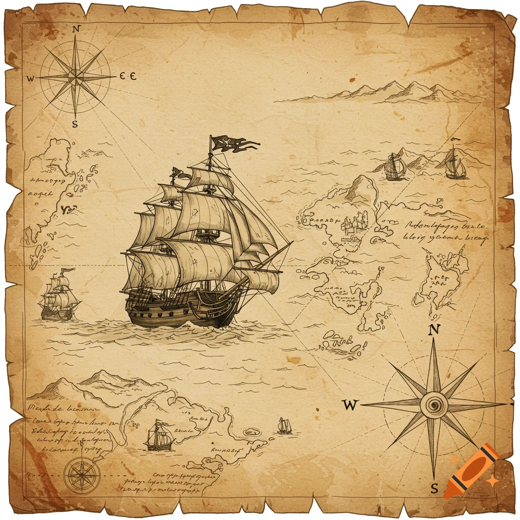 A detailed drawing of a pirate map on parchment paper, showing a large ship, smaller vessels, islands, mountains, and compass roses.