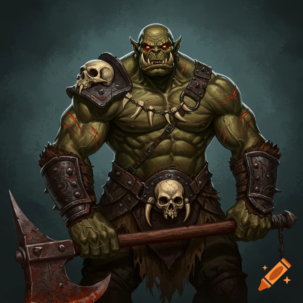 A large orc warrior holding a bloody axe.