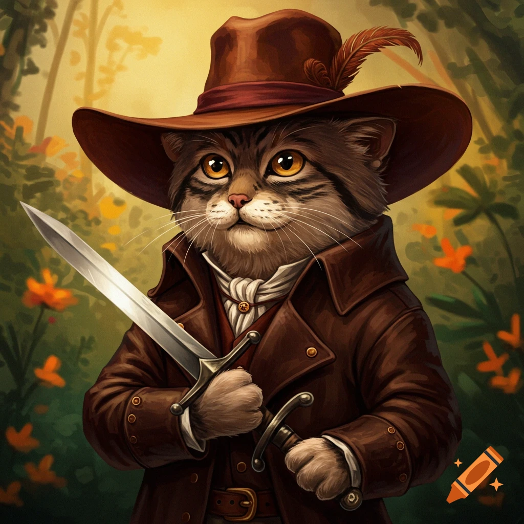 A Pallas cat wearing a hat and coat is holding a sword.
