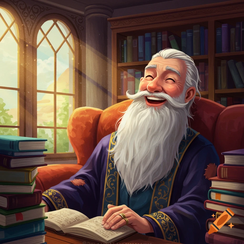 A happy old man with a long white beard is sitting in a library chair reading a book.