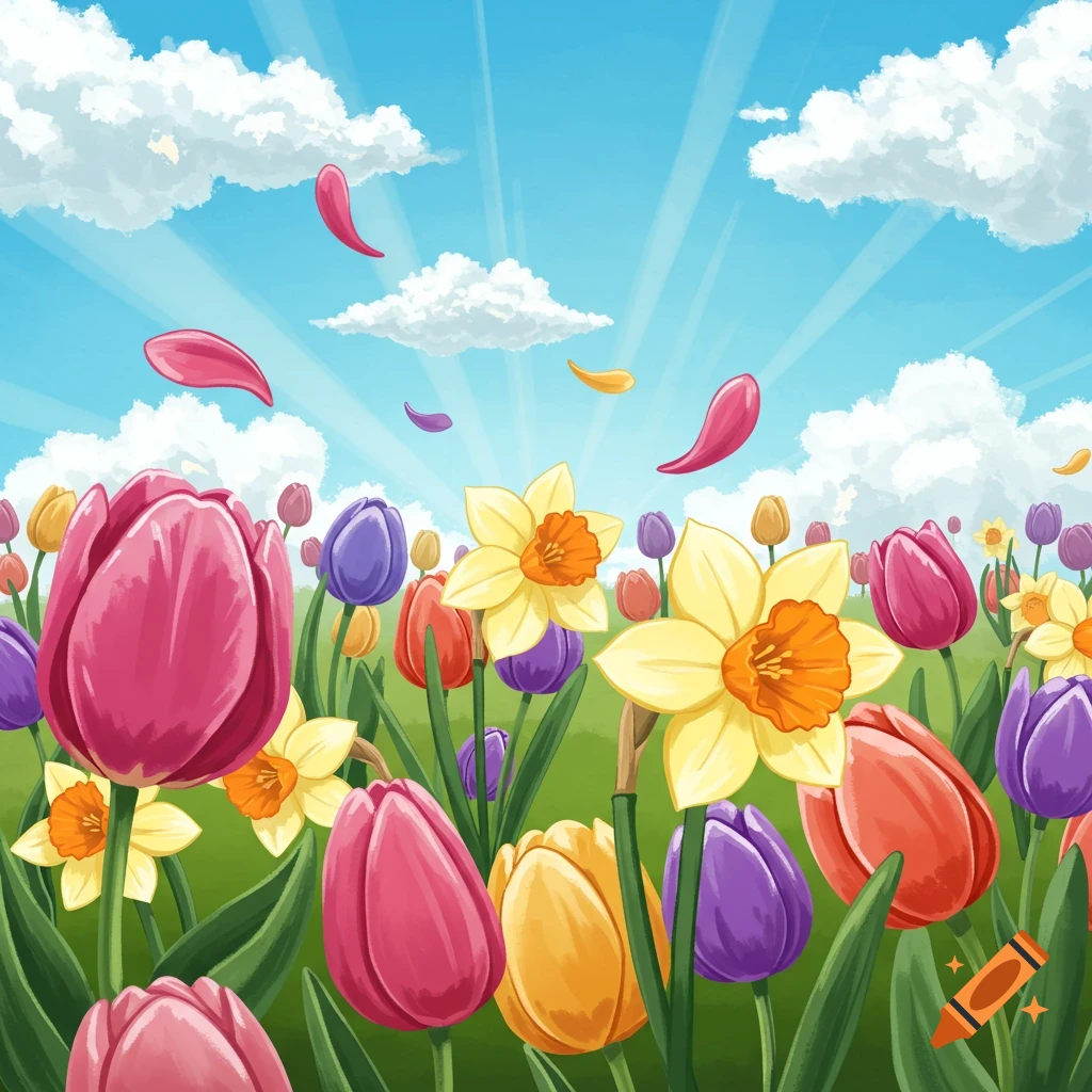 Cartoon field of colorful tulips and daffodils under a sunny sky with falling petals.