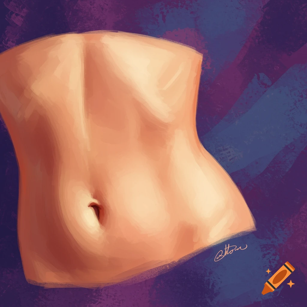 A woman's midriff is shown with soft lighting against a purple and blue background.