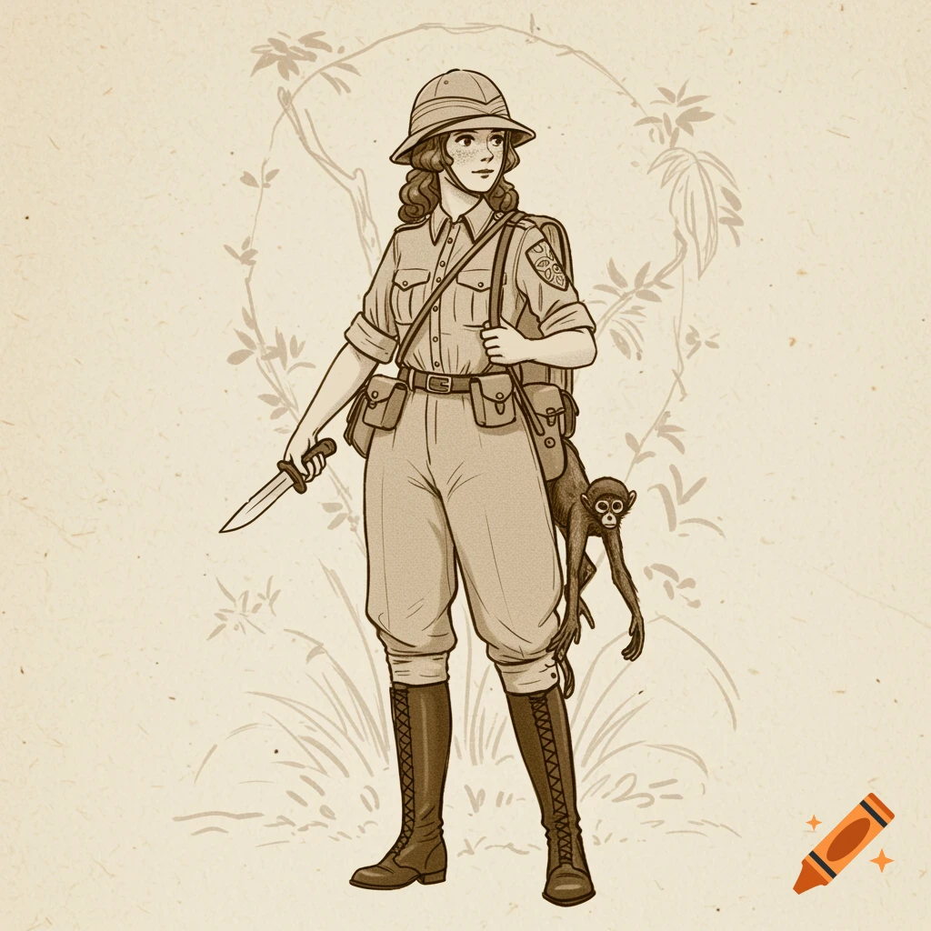 Sepia line drawing of a female explorer in 1930s gear with a monkey and knife.