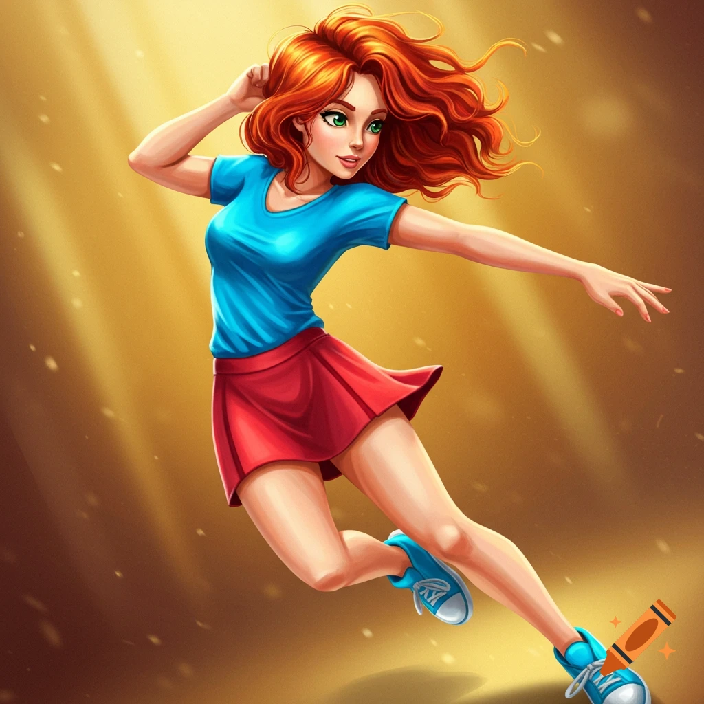 A young woman with red hair jumping