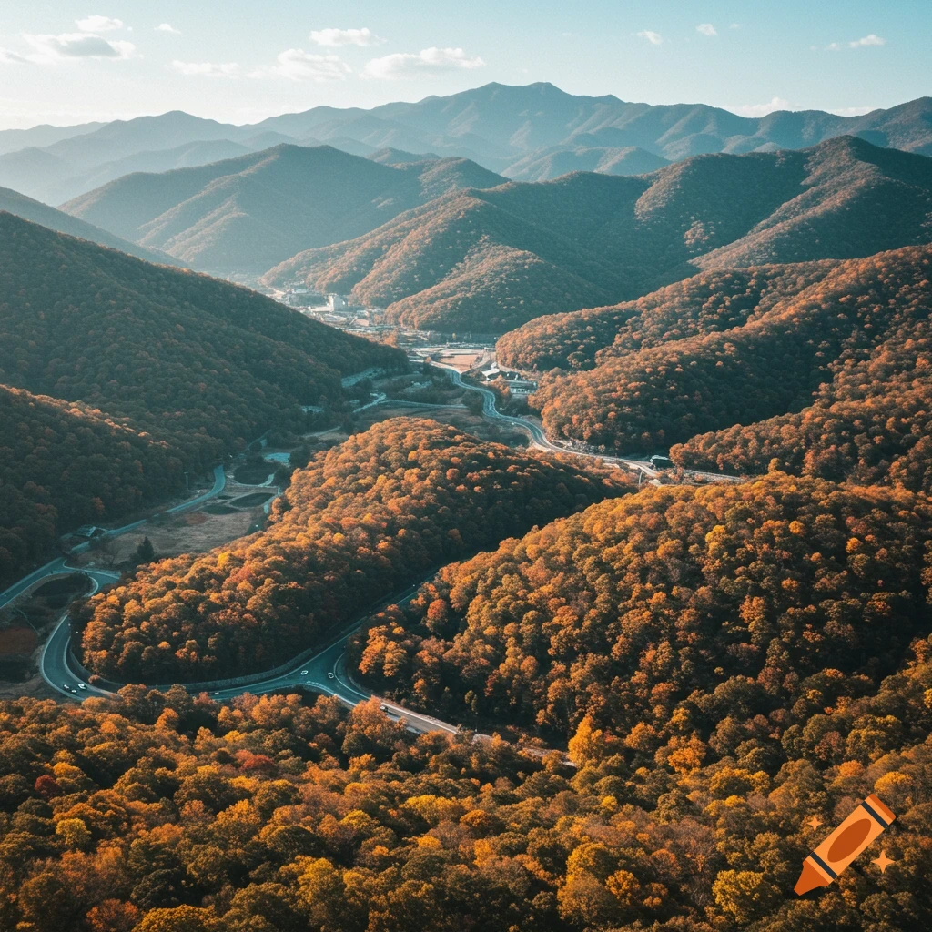 Aerial view of a road winding through a mountain valley with trees in autumn colors.