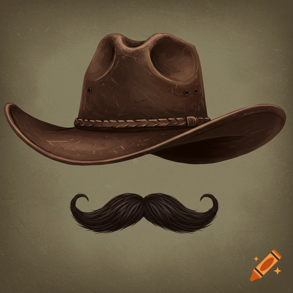 A brown cowboy hat with a mustache underneath.