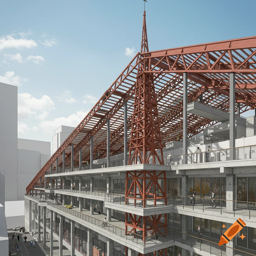 Photorealistic architectural rendering of a building with detailed concrete levels and red steel structural framework supporting a large roof spire.