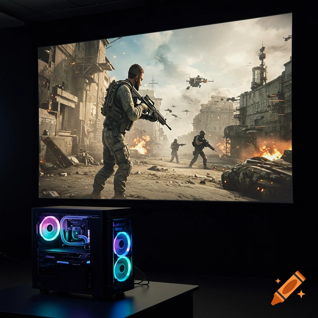A gaming PC sits on a desk with a large screen behind it displaying a scene from a military shooter game.