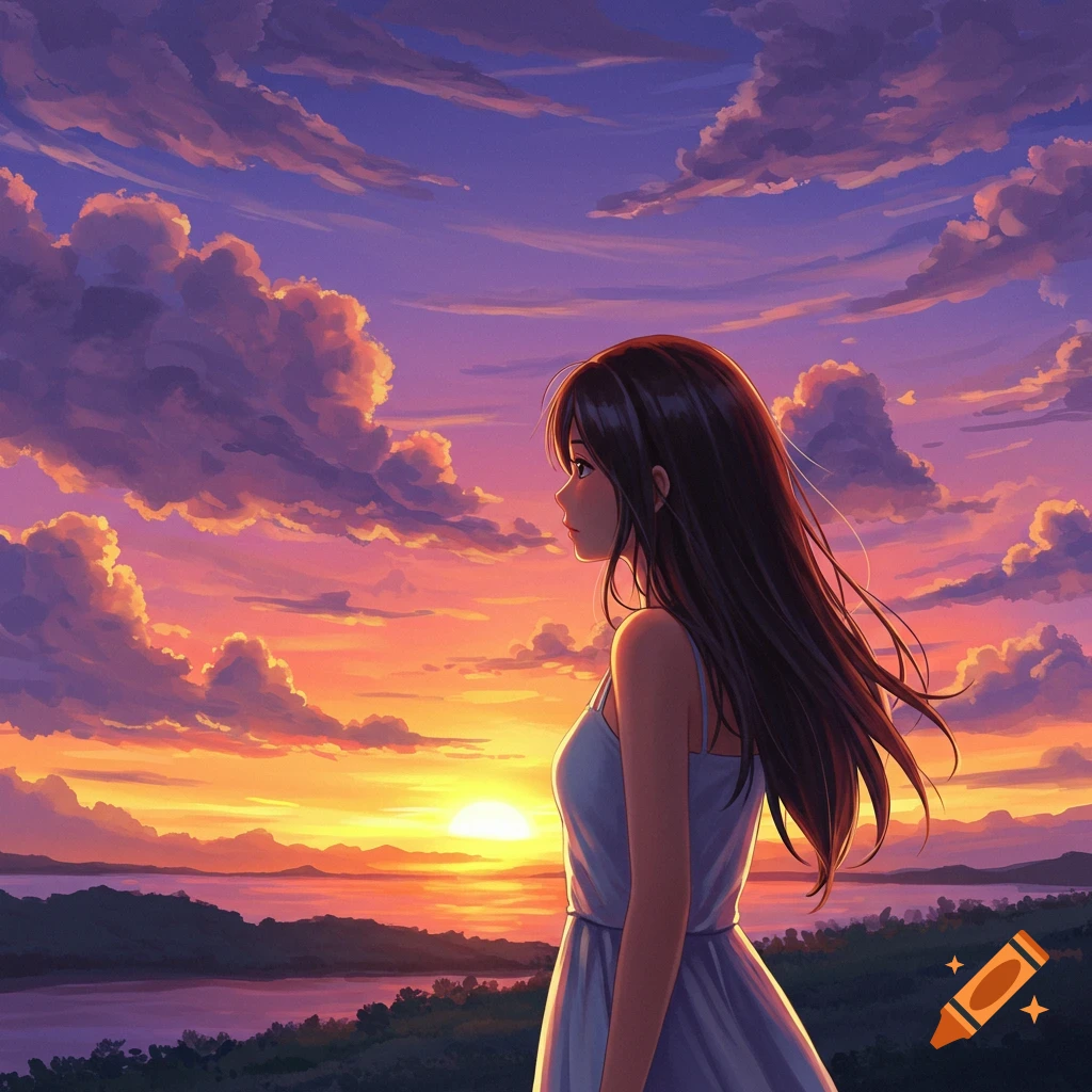 Anime girl watching a vibrant sunset over water, digital art.
