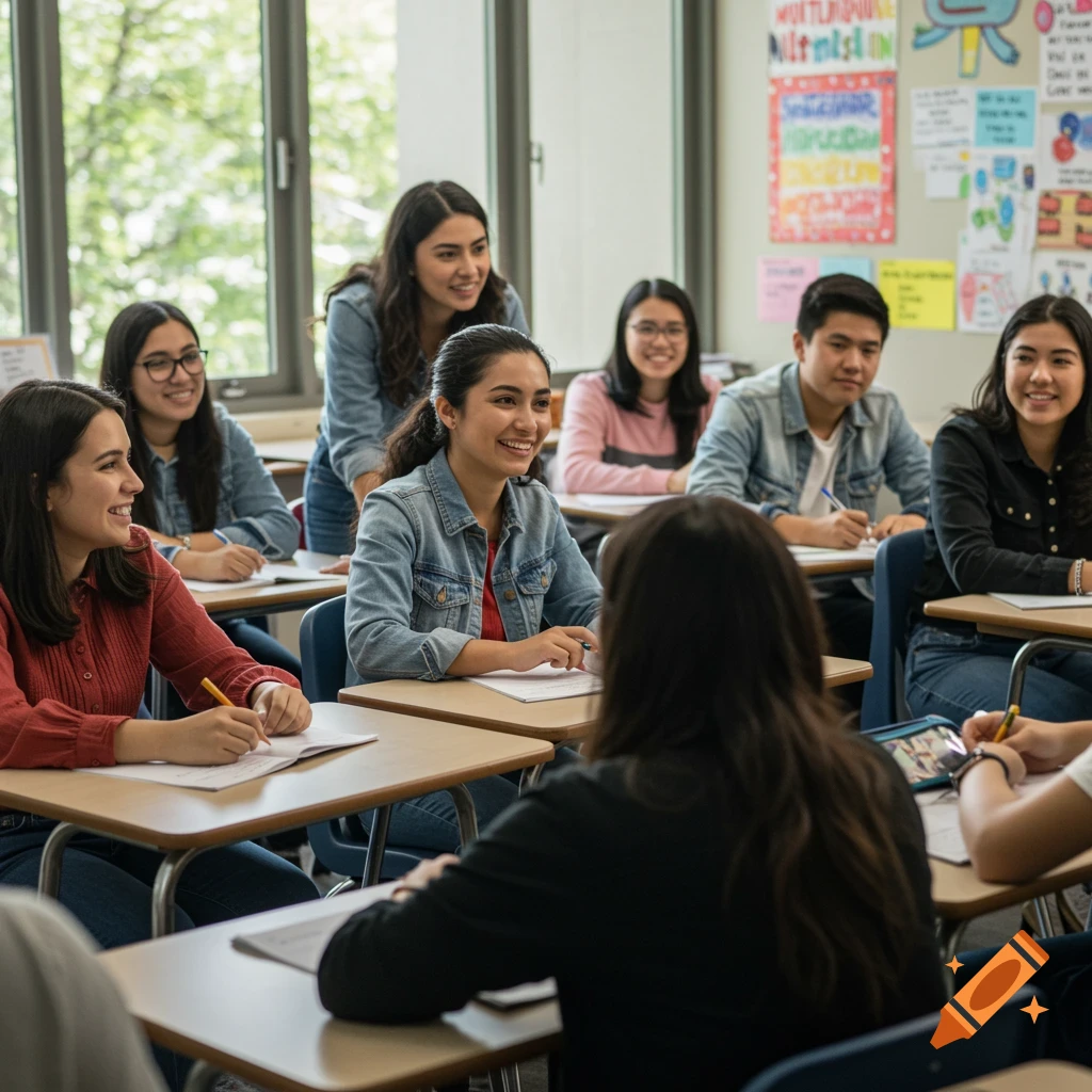 Diverse students and teacher in a bright, photorealistic classroom