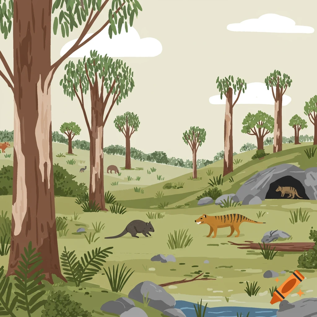 Easy drawing of Tasmanian tigers and other animals in a hilly Australian landscape with eucalyptus trees and a cave.
