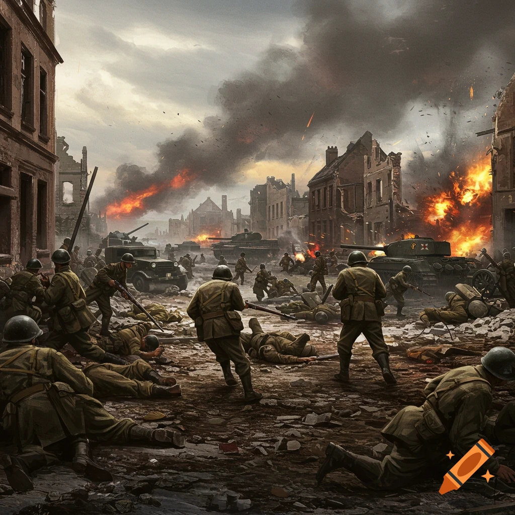 Soldiers fighting in a war-torn city during World War 2
