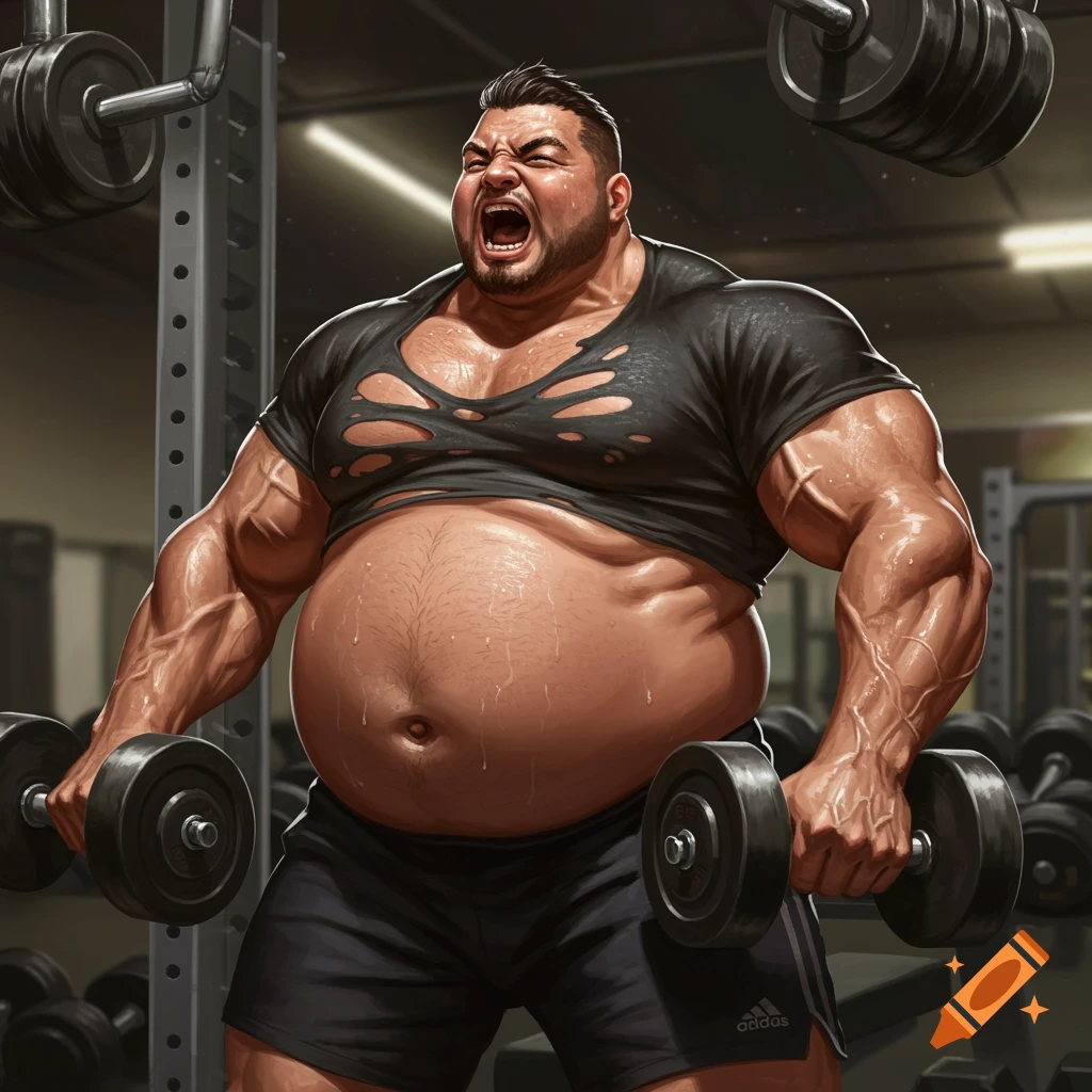 A large man with a belly lifts dumbbells in a gym.