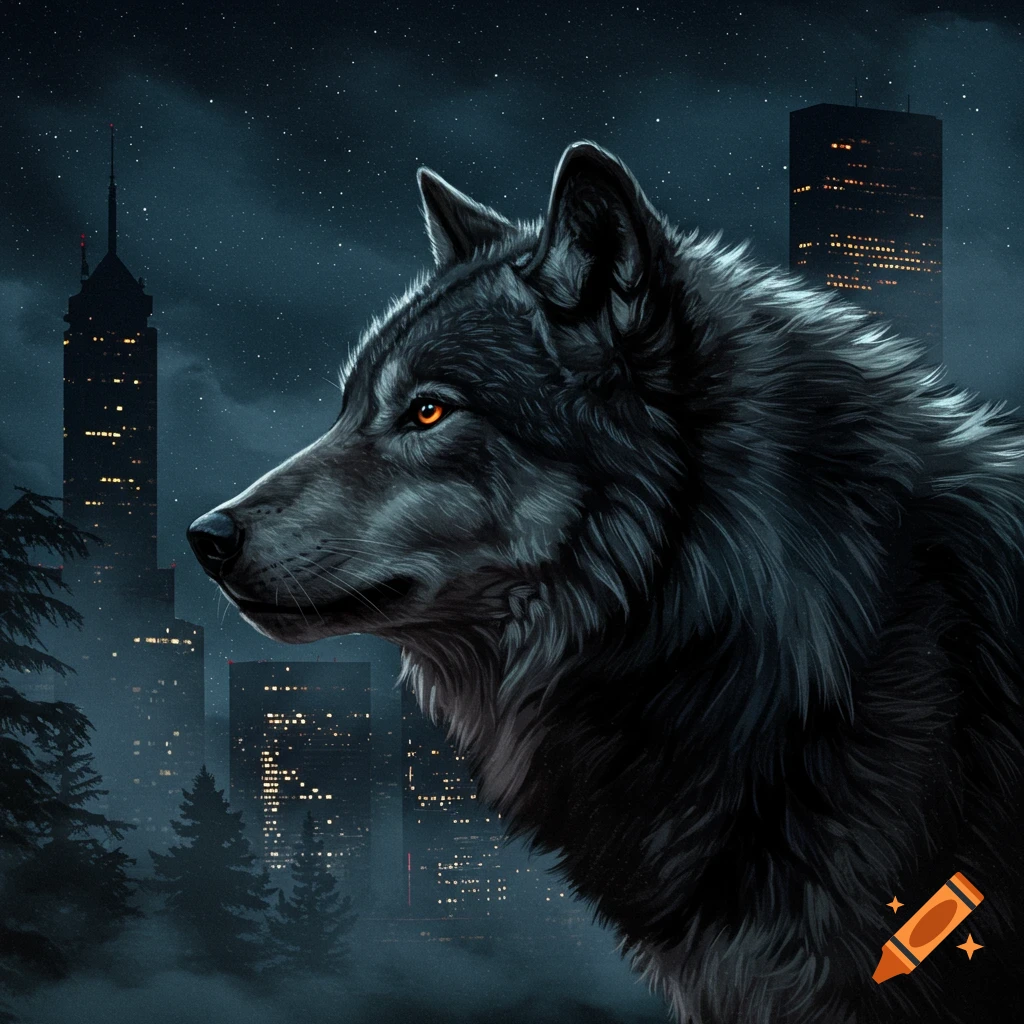 Black wolf in profile against a dark city skyline at night.