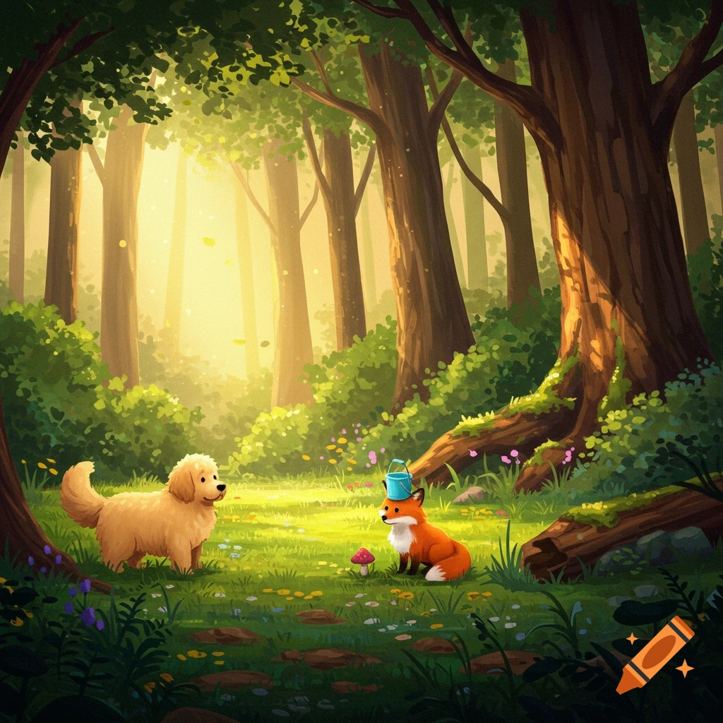 A cute dog and fox with a bucket on its head stand in a sunny forest clearing.