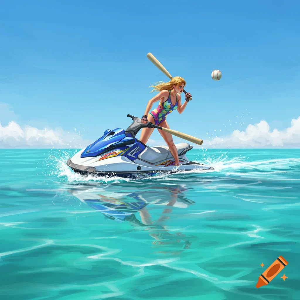A woman on a jet ski plays baseball on the water under a sunny sky.