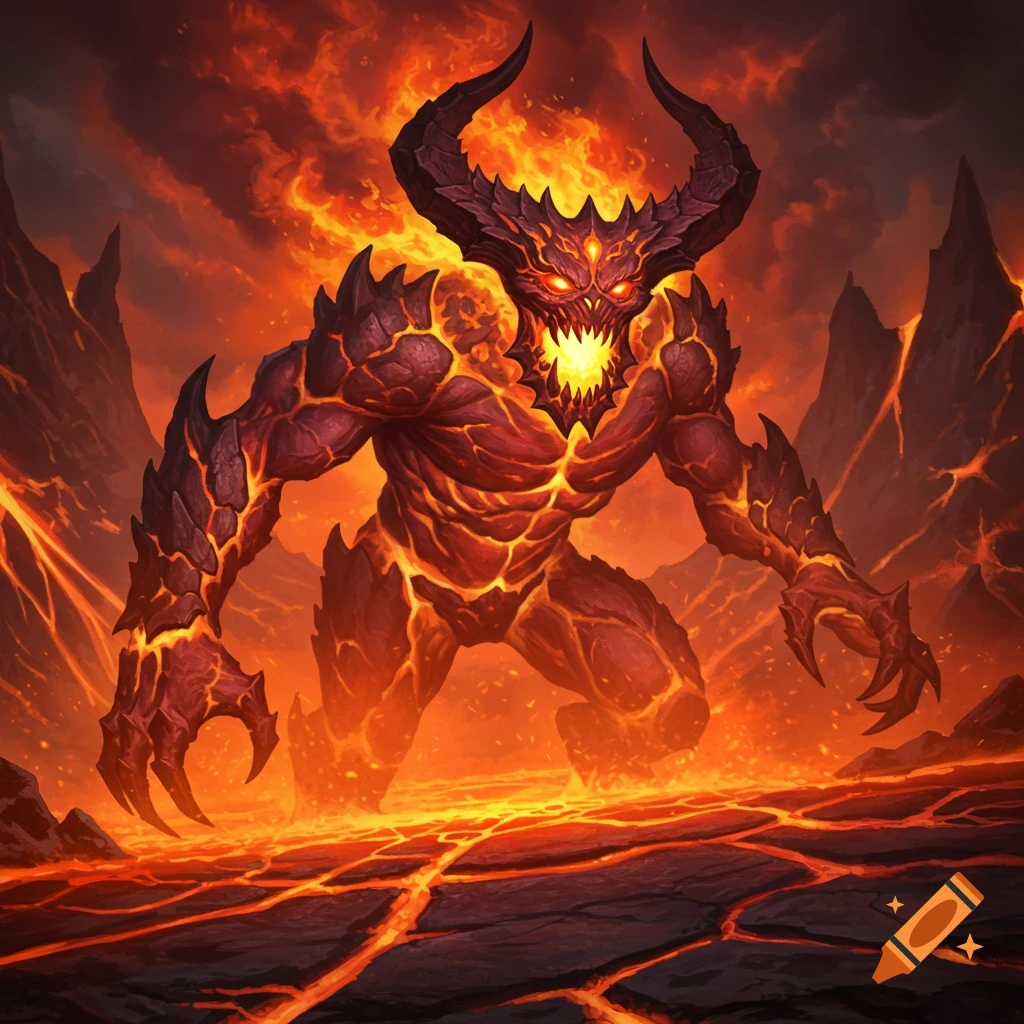 A large, muscular red demon with glowing eyes and horns stands in a fiery volcanic landscape.