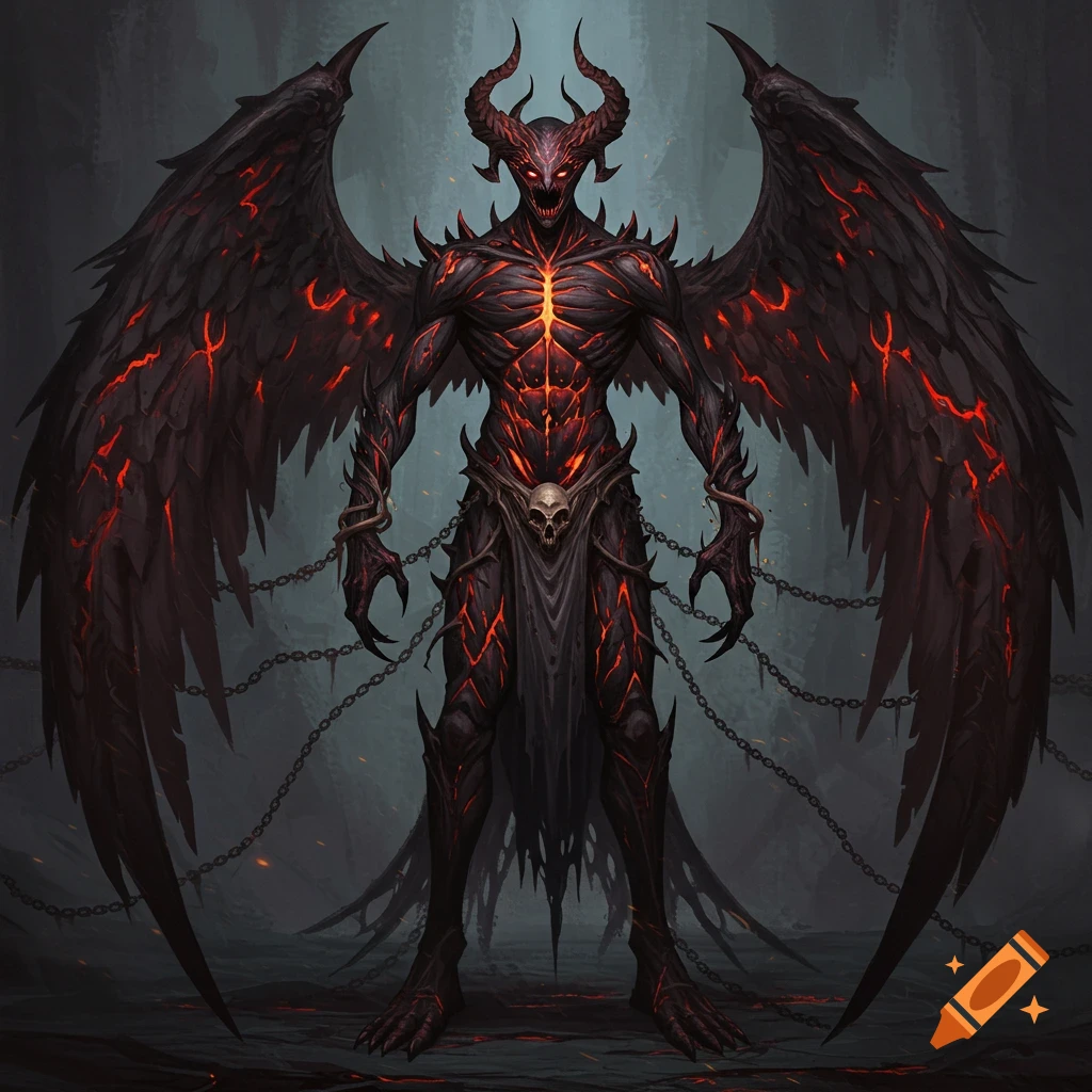 A towering demonic creature with horns, wings, glowing red cracks, claws, and chains.