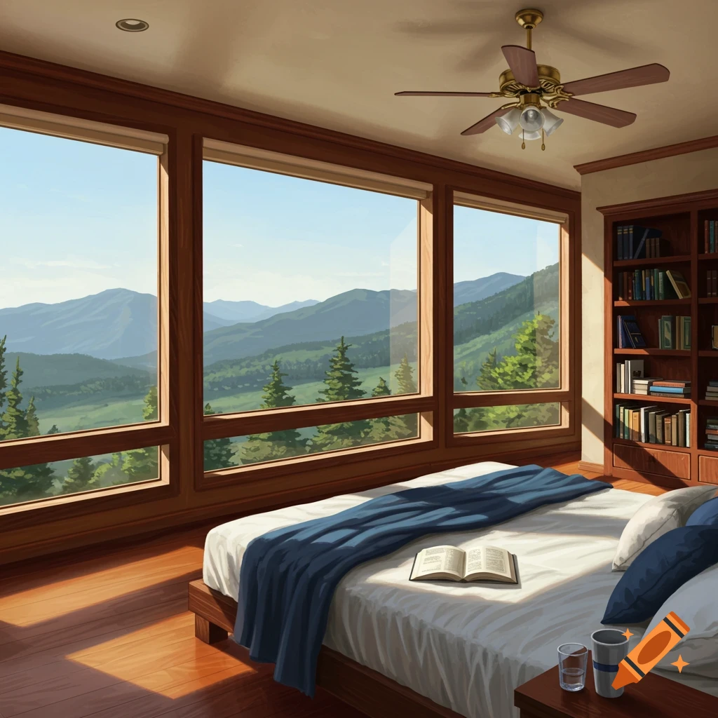 A bedroom with large windows overlooking a mountain landscape, featuring a bed with a book and a bookshelf.
